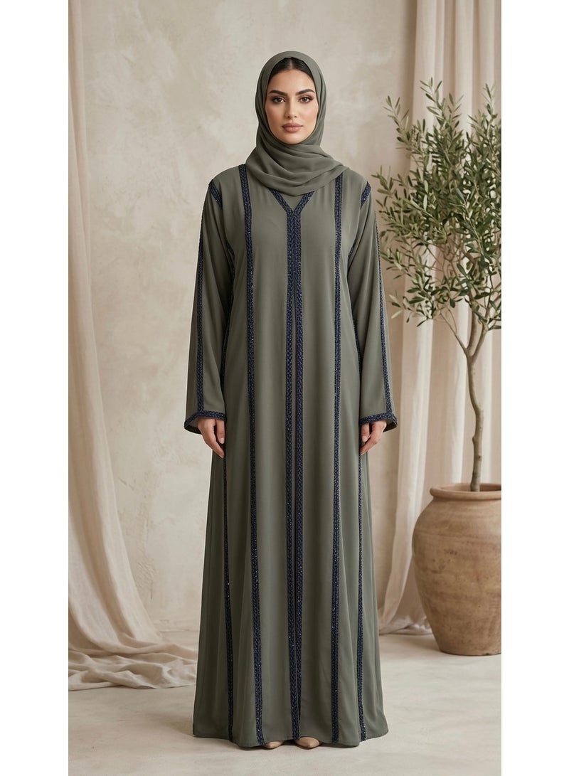 عباية خضراء زيتونية بتطريز عمودي - Image 1