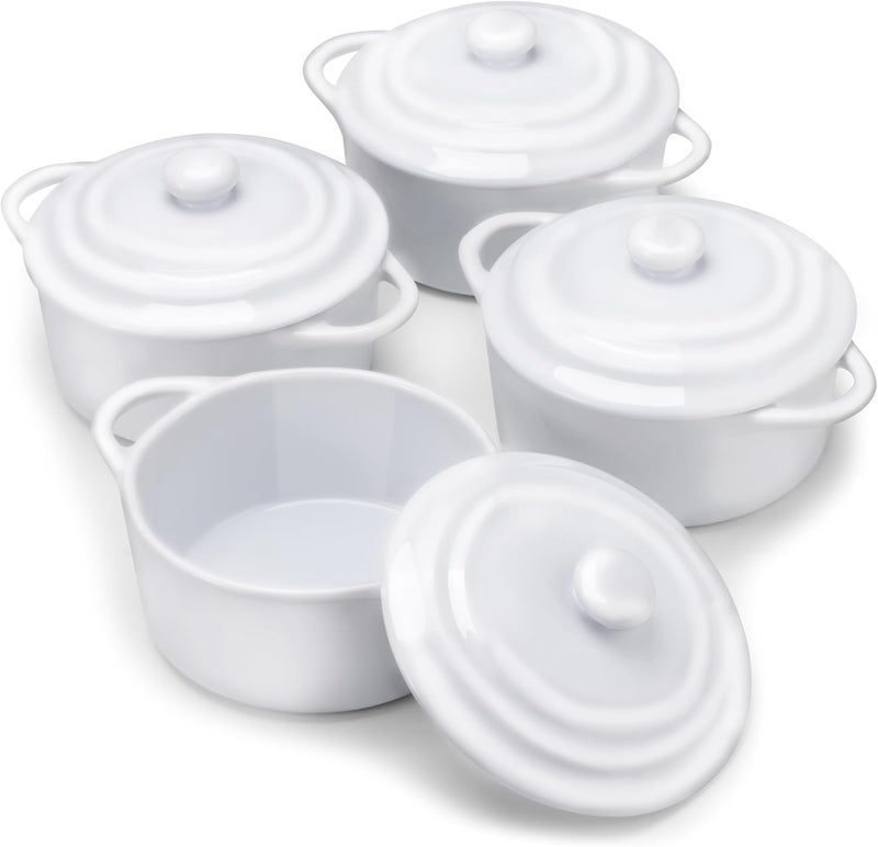 Kook طقم كوك سيراميك ميني كوكوت أطباق كاسرول صغيرة مع أغطية ومقابض أطباق خبز فردية آمنة للاستخدام في الفرن والميكروويف وغسالة الصحون من الحجر الخزفي 12 أونصة مجموعة من 4 أبيض سويسري - Image 1