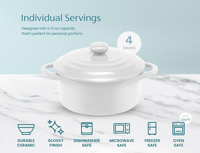 Kook طقم كوك سيراميك ميني كوكوت أطباق كاسرول صغيرة مع أغطية ومقابض أطباق خبز فردية آمنة للاستخدام في الفرن والميكروويف وغسالة الصحون من الحجر الخزفي 12 أونصة مجموعة من 4 أبيض سويسري - Image 5