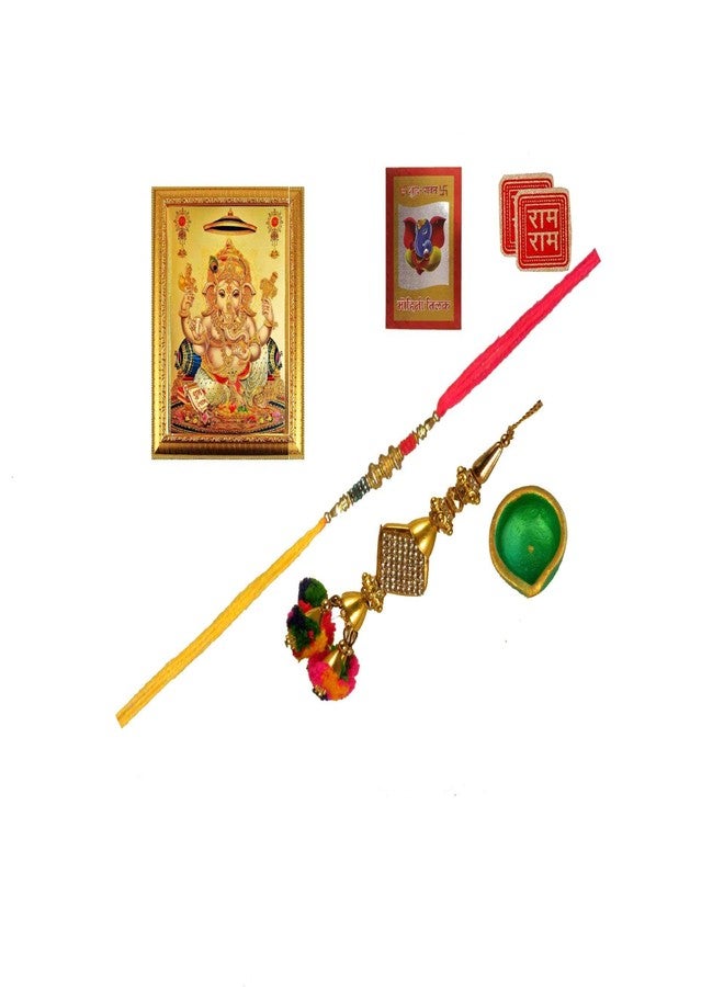 Suninow Ganesha god photo frame with multicolor beads rakhi and lumba rakhi for brother and bhabhi with diya and ram ram sticker