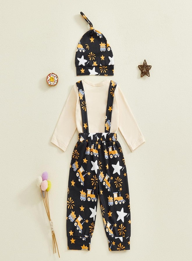 Karuedoo My First New Year Baby Boy Outfit Newborn Letter Print Long Sleeve Romper Suspender Pants Hat 3Pcs Sets (A-Beige, 6-9 Months) - Image 5