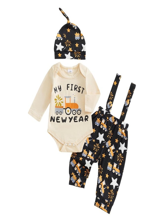 Karuedoo My First New Year Baby Boy Outfit Newborn Letter Print Long Sleeve Romper Suspender Pants Hat 3Pcs Sets (A-Beige, 6-9 Months) - Image 1