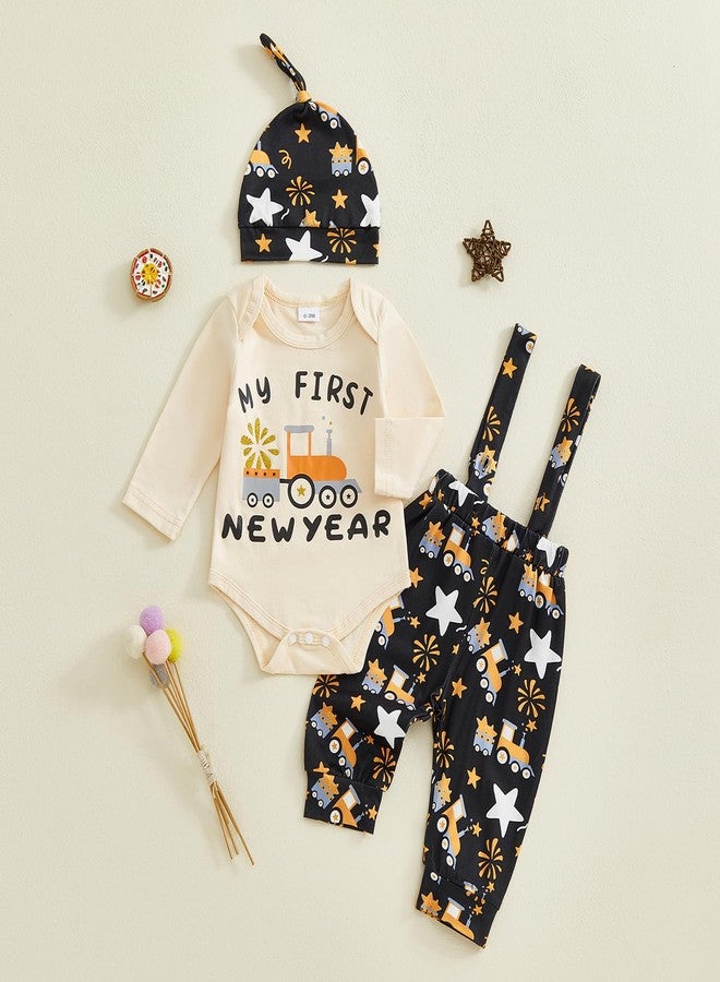 Karuedoo My First New Year Baby Boy Outfit Newborn Letter Print Long Sleeve Romper Suspender Pants Hat 3Pcs Sets (A-Beige, 6-9 Months) - Image 4