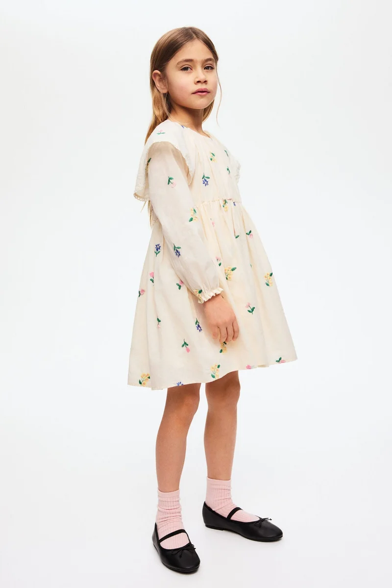 اتش اند ام فستان قطني مطرز بكشكشة