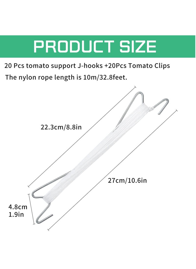 SYOSI 20Pcs Tomato Support Hooks & Clips, J Hook Clips to Prevent Tomatoes Falling Off Iron Plant Climbing Hooks with 33ft Rope