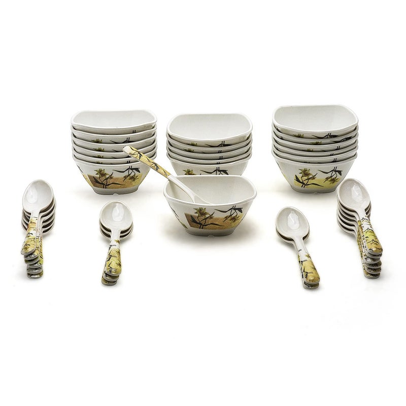 Bataniya طقم سلطانيات ملمن 4 إنش غير قابلة للكسر مزينة بأزهار خضراء - 18 وعاء خضار و18 ملعقة شاي - Image 1