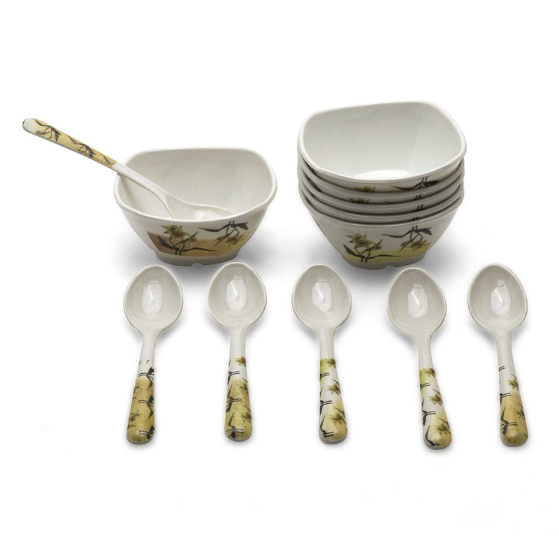 Bataniya طقم سلطانيات ملمن 4 إنش غير قابلة للكسر مزينة بأزهار خضراء - 18 وعاء خضار و18 ملعقة شاي - Image 3
