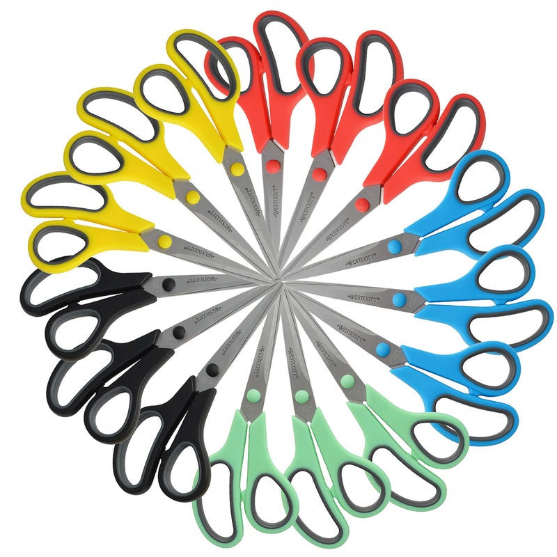 Westcott 8" Straight Stainless Steel Soft Handle Scissors, Assorted Colors, Pack of 15 - Image 1