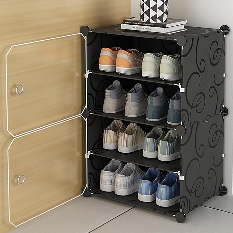 KRISHYAM Portable Shoe Storage 4Tier Shoes Rack 8 Pairs Plastic Cube Storage Tower Shelves for Storage Shoe Cabinet Shoe Rack for Entryway Hallway 4 Shelves2 Door Black - Image 1