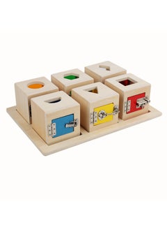 Generic CPC Wooden Montessori Busy House Nut Toolbox Children's Play House Multifunctional Unlock Early Education Educational Toys-Color:ABC-Six-compartment Lockbox  - Image 1