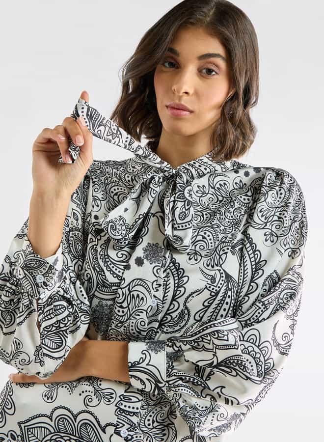 سبلاش فيڤ فستان بياقة فيونكة وأكمام واسعة بطبعات بيزلي - Image 4