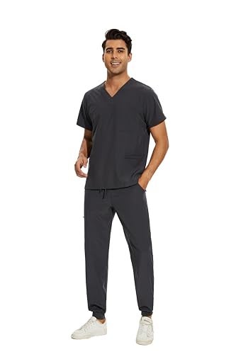 COZYFIT Men Scrubs Set — Stretch V-Neck Scrub Top & Jogger Pant with 8 Pockets, Yoga Waistband, Anti-Wrinkle - Dark Grey, M - Image 1