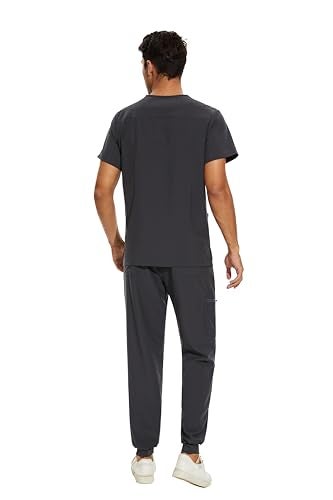 COZYFIT Men Scrubs Set — Stretch V-Neck Scrub Top & Jogger Pant with 8 Pockets, Yoga Waistband, Anti-Wrinkle - Dark Grey, M - Image 2