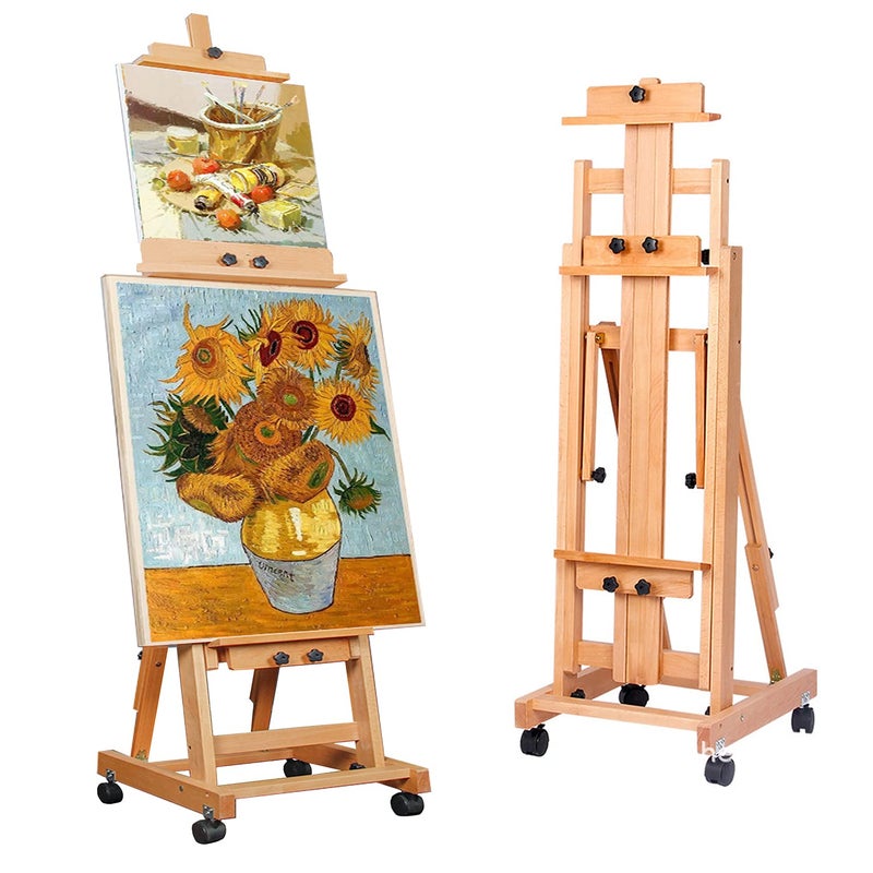 foriy Large Painting Easel MultiFunction H Frame Easel Solid Beech Wood Easel Adjustable Painting Canvas Holder Stand Tilts Flat Artist Easels with Locking Caster Wheels Holds 2 Canvas Up to 76 