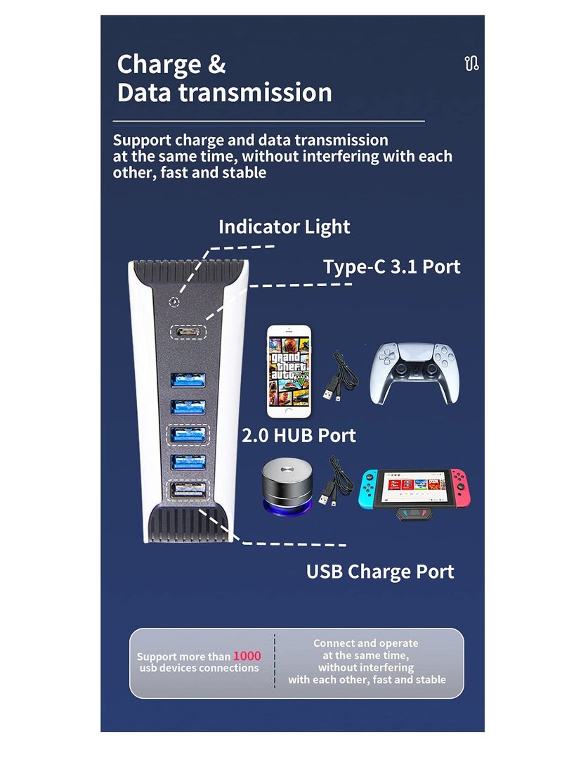 Barakah محور USB 5 منافذ لجهاز PS5، شاحن موزع عالي السرعة مع 4 USB + 1 منفذ شحن USB + 1 منفذ Type C، متوافق مع جهاز بلاي ستيشن 5 دوال سينس للعبة - Image 4