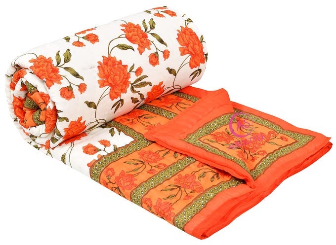 400 TC PURE COTTON DOUBLE BED SOFT JAIPURI AC QUILTRAZAIRAJAI FLORAL PRINTJAIPURI RAZAI DOUBLE BED FOR WINTER PRINTEDWHITE ORANGE 85 X 100 INCH DOUBLE BED