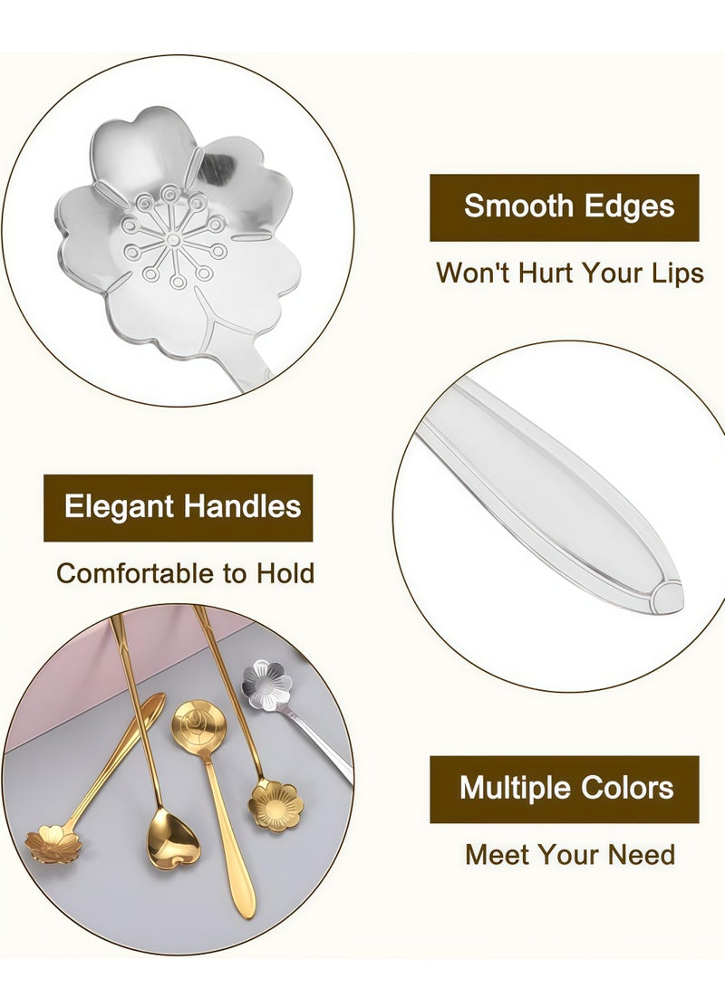 Silver cherry blossom-shaped coffee spoon - Long stainless steel material - With handle, suitable for desserts and tea (12 pieces) - Image 3