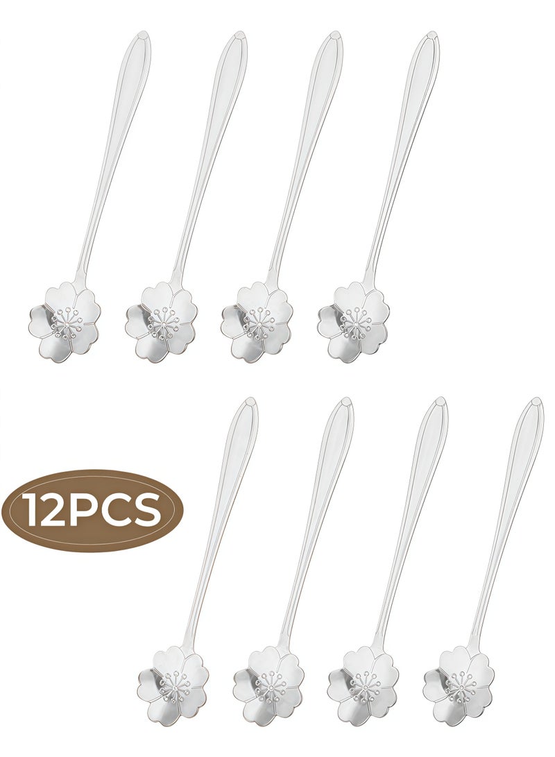 Silver cherry blossom-shaped coffee spoon - Long stainless steel material - With handle, suitable for desserts and tea (12 pieces) - Image 1