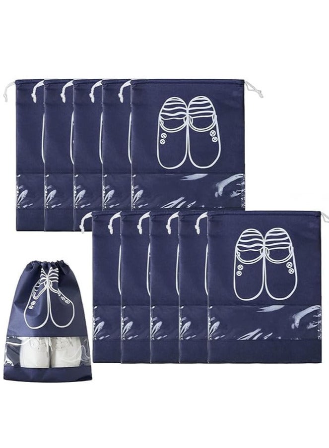 Pack of 10 Travel Shoe Bag with Transparent Window Drawstring Dust-Proof Non-Woven Shoes Storage Bags for Men Women Daily and Travel Use Blue