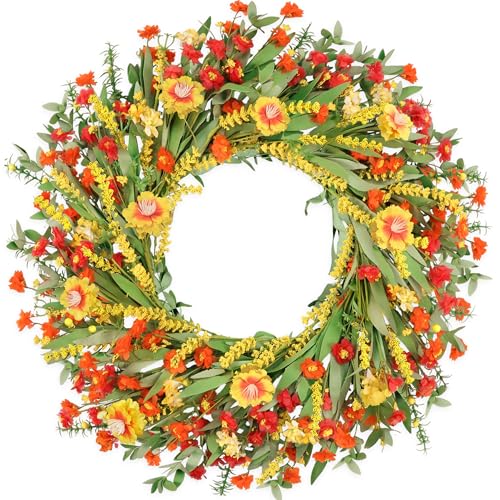 Zmtyykh 26" Floral Wreath, Artificial Spring Wreaths for Front Door, with Wildflower Portulaca Flowers, Indoor Outdoor Porch Window Wall Home Decor for Valentine’s Day Easter, Summer & Wedding Orange - Image 1