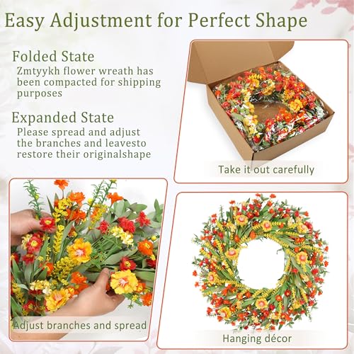 Zmtyykh 26" Floral Wreath, Artificial Spring Wreaths for Front Door, with Wildflower Portulaca Flowers, Indoor Outdoor Porch Window Wall Home Decor for Valentine’s Day Easter, Summer & Wedding Orange - Image 3