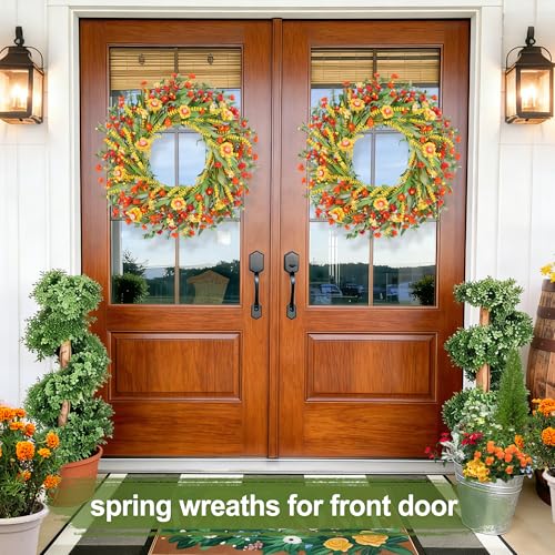 Zmtyykh 26" Floral Wreath, Artificial Spring Wreaths for Front Door, with Wildflower Portulaca Flowers, Indoor Outdoor Porch Window Wall Home Decor for Valentine’s Day Easter, Summer & Wedding Orange - Image 4