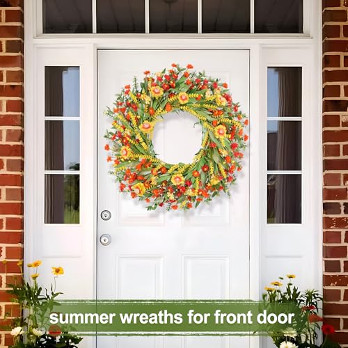 Zmtyykh 26" Floral Wreath, Artificial Spring Wreaths for Front Door, with Wildflower Portulaca Flowers, Indoor Outdoor Porch Window Wall Home Decor for Valentine’s Day Easter, Summer & Wedding Orange - Image 5