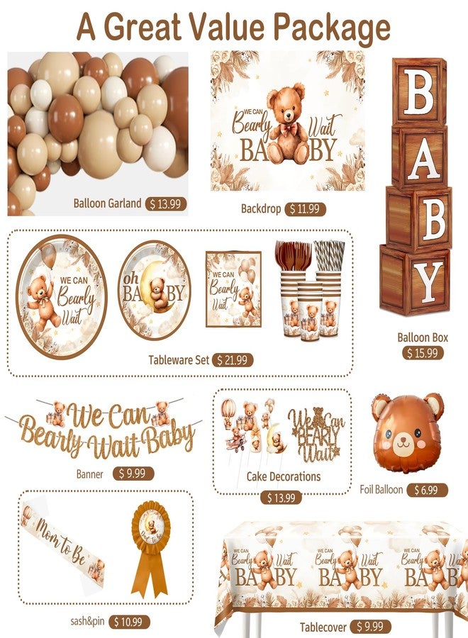 cocomigo Bear Baby Shower Decorations, Brown Netural Balloon Arch Kit We Can Barely Wait Banner Plates Tablecloth Bear Baby Shower Decorations Brown Beige 249 Pcs - Image 3