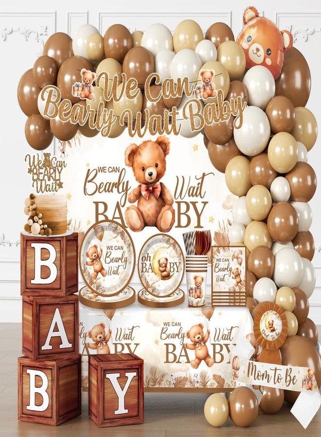 cocomigo Bear Baby Shower Decorations, Brown Netural Balloon Arch Kit We Can Barely Wait Banner Plates Tablecloth Bear Baby Shower Decorations Brown Beige 249 Pcs - Image 1