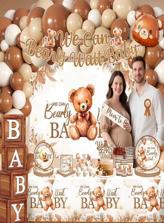 cocomigo Bear Baby Shower Decorations, Brown Netural Balloon Arch Kit We Can Barely Wait Banner Plates Tablecloth Bear Baby Shower Decorations Brown Beige 249 Pcs - Image 5