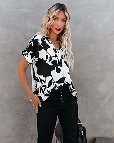 ANCAPELION Women’s Summer Chiffon Blouse Casual Short Sleeve V Neck Shirt Loose Printed Cuffed Sleeve Tunic Tops for Women Black White Printed X-Large - Image 3