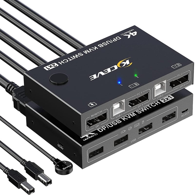 KCEVE DP Ports KVM Switch, 2 In 1 Out DisplayPort KVM Switcher Support 4k@60Hz Control 2 Computers to Share Keyboard, Mouse And DP Monitor - Image 1