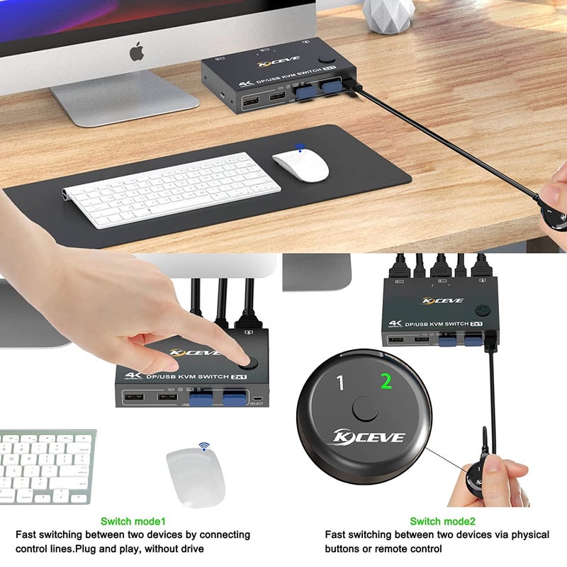 KCEVE DP Ports KVM Switch, 2 In 1 Out DisplayPort KVM Switcher Support 4k@60Hz Control 2 Computers to Share Keyboard, Mouse And DP Monitor - Image 4
