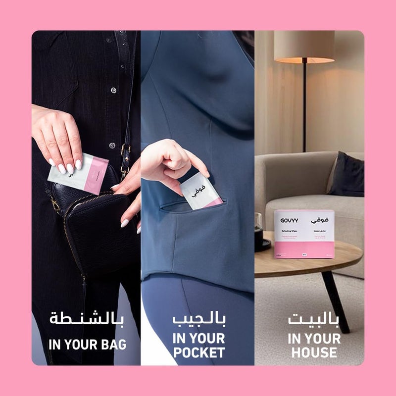 Govyy Refreshing Wipes – 50 individually wrapped pink and white tissues, perfect for cleaning hands on the go and protecting against surfaces in public places. Infused with a refreshing scent - Image 4