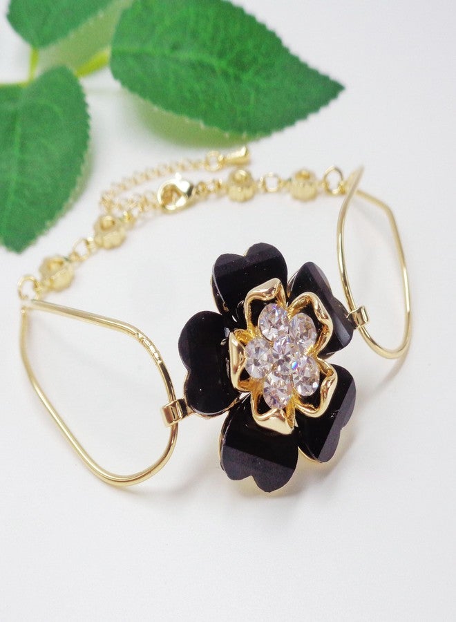 Navachi 18k Gold Plated White Crystal Black Acetate Blooming Flower Az3128 Bracelet Bangle 7"+1" - Image 5