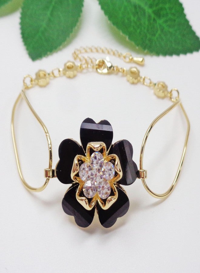 Navachi 18k Gold Plated White Crystal Black Acetate Blooming Flower Az3128 Bracelet Bangle 7"+1" - Image 4