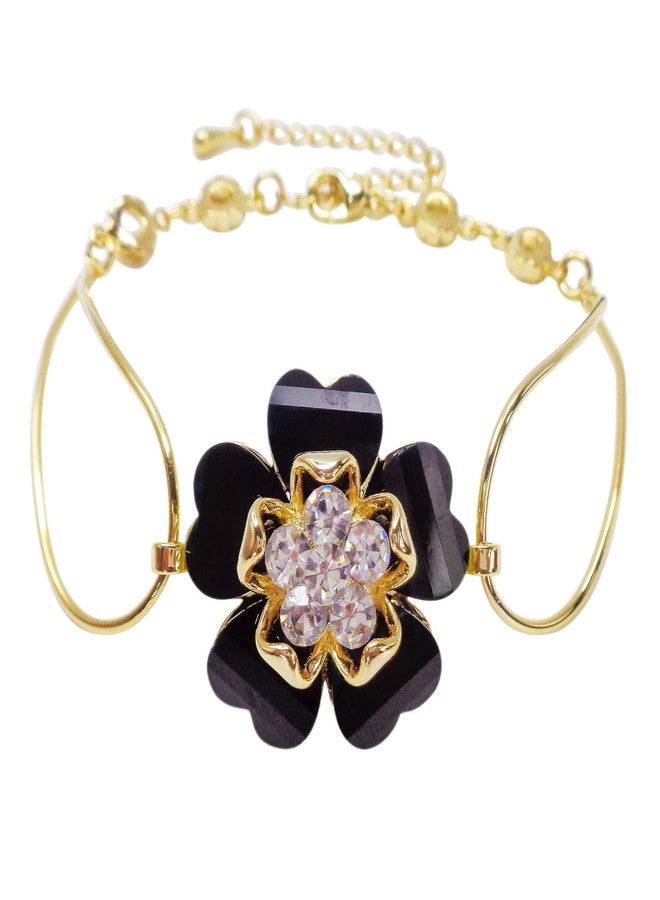 Navachi 18k Gold Plated White Crystal Black Acetate Blooming Flower Az3128 Bracelet Bangle 7"+1" - Image 1