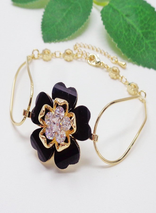 Navachi 18k Gold Plated White Crystal Black Acetate Blooming Flower Az3128 Bracelet Bangle 7"+1" - Image 3