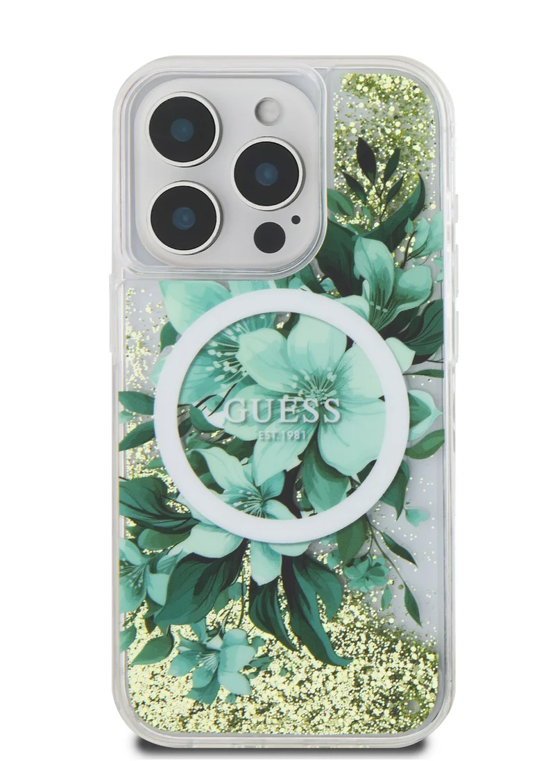 GUESS Magsafe Liquid Glitter Hard Case with Flower Design for iPhone 16 Pro / Drop protection / Easy Snap-On / Comfortable Grip-Green