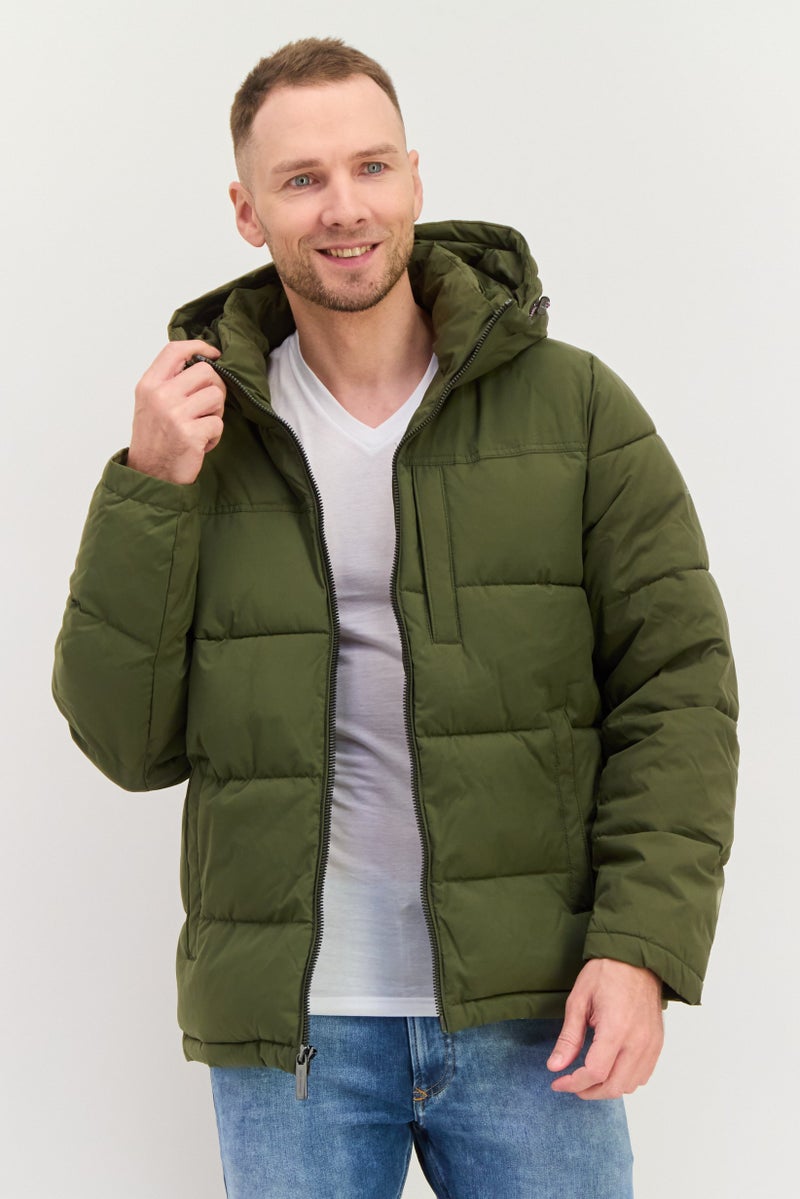 London Fog Men Plain Hooded Puffer Jacket, Olive  - Image 1