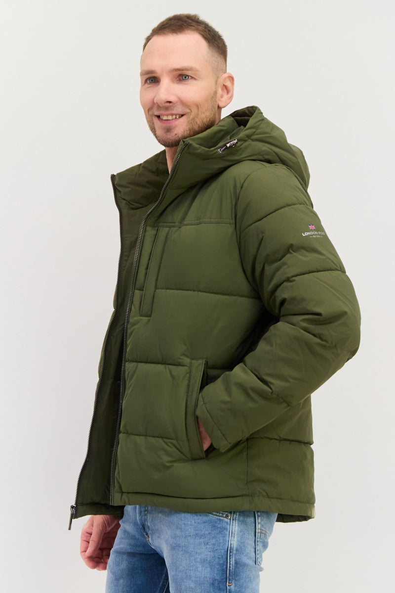 London Fog Men Plain Hooded Puffer Jacket, Olive  - Image 4
