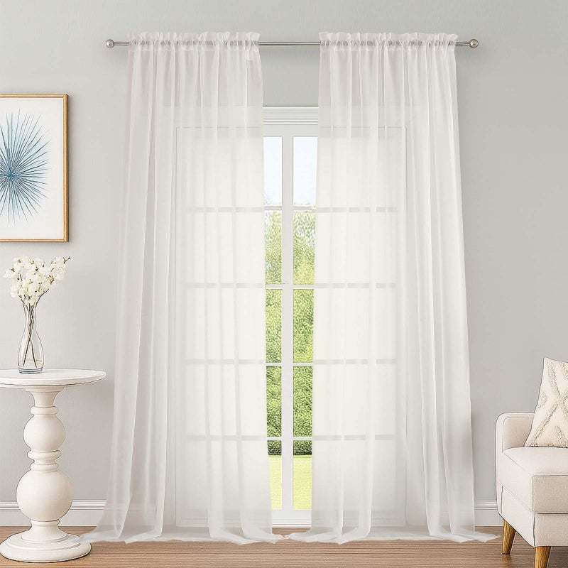 Owenie Ivory Sheer Curtains  Sheer Curtains 96 Inches Long 2 Panels Set  Rod Pocket Voile Fimly Sheer Drapes For Living Room/Bedroom  2Pcs  Each 59"" W X 96"" L - Image 1