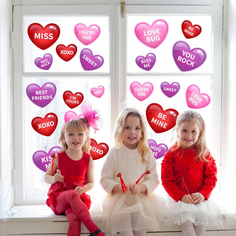 وولاين Whaline 9 Sheets عيد الحب نافذة Clings رومانسية وردية اللون الأرجواني محادثة قلب نافذة القلب شارات على الوجهين ملونة ديكور نافذة القلب للمكاتب المنزلية لوازم الحفلة - Image 4