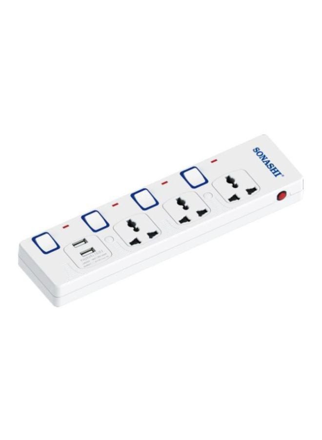 SONASHI 3Way Extension Socket with USB Port  Long 3M Copper AC Cord with Independent Switch Light and Safety Shutter  Ideal For All Electronic Devices SES-904U White/Blue/Red