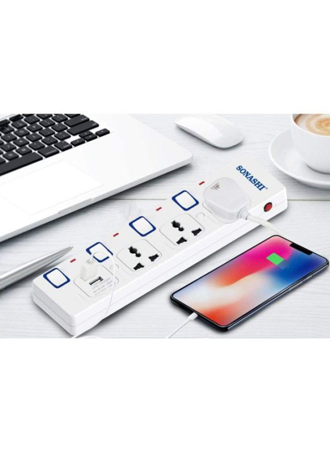 SONASHI 3Way Extension Socket with USB Port  Long 3M Copper AC Cord with Independent Switch Light and Safety Shutter  Ideal For All Electronic Devices SES-904U White/Blue/Red - Image 3