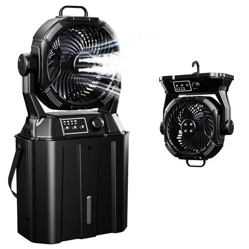 Wilody Misting Fan with Remote Control, Camping Fan Portable with LED Light & Stepless Speed Control & Cooling Spray with 6L Bucket, Timer Function, Portable Handle - Image 1