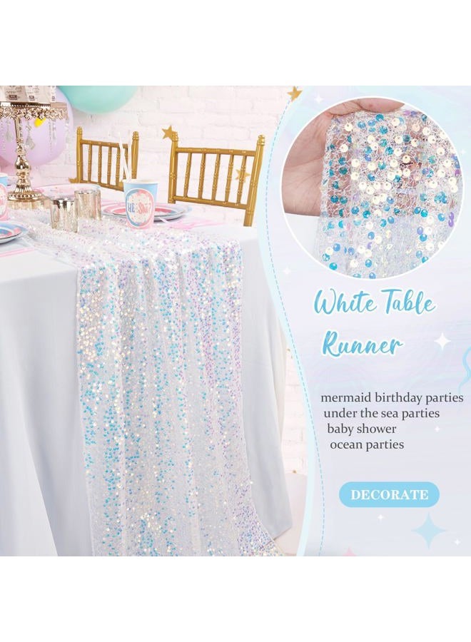 QueenDream White Table Runner: 25x120 Inches Long 10FT - Iridescent Sequin Table Runner Glitter Fabric for Party Boho Wedding Summer Mermaid Birthday Decorations - Image 2