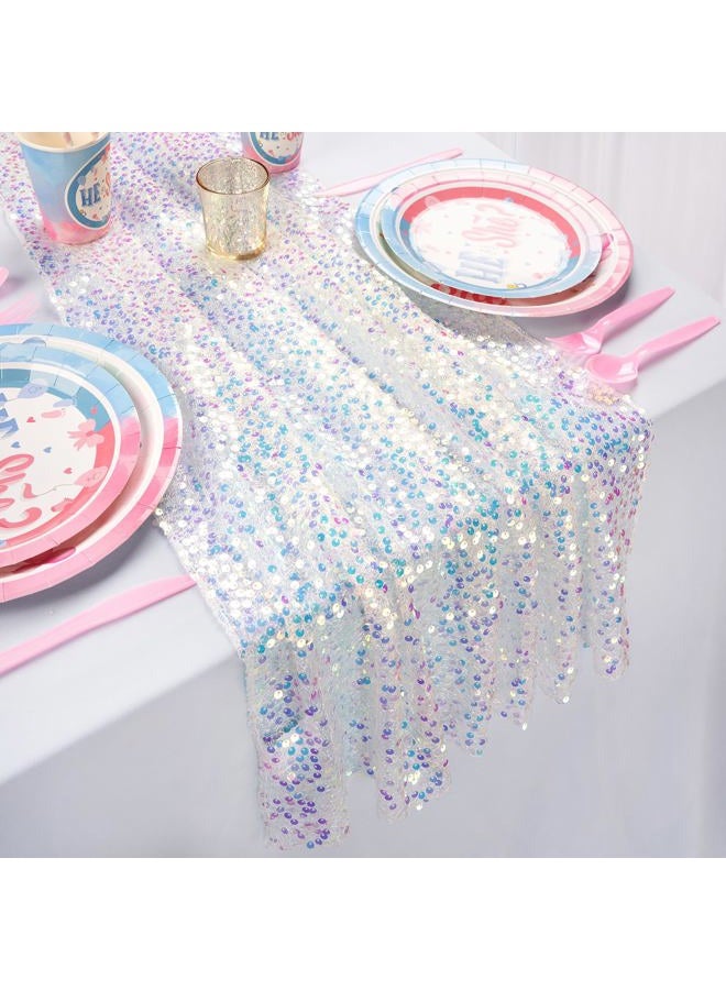 QueenDream White Table Runner: 25x120 Inches Long 10FT - Iridescent Sequin Table Runner Glitter Fabric for Party Boho Wedding Summer Mermaid Birthday Decorations - Image 1