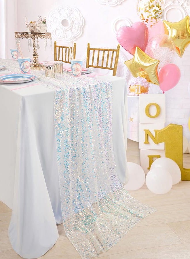 QueenDream White Table Runner: 25x120 Inches Long 10FT - Iridescent Sequin Table Runner Glitter Fabric for Party Boho Wedding Summer Mermaid Birthday Decorations - Image 5