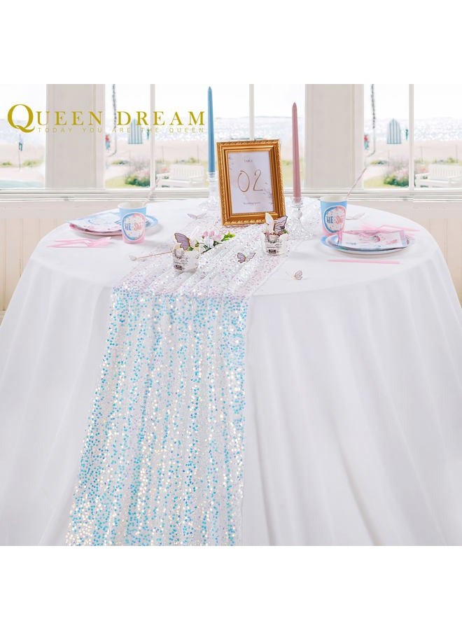 QueenDream White Table Runner: 25x120 Inches Long 10FT - Iridescent Sequin Table Runner Glitter Fabric for Party Boho Wedding Summer Mermaid Birthday Decorations - Image 3